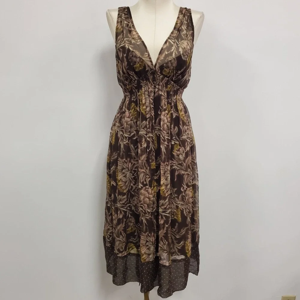 Bcbgmaxazria Womens Silk Forest Fairy Babydoll Midi Dress Size XS Brown Sheer‎ - Picture 2 of 12